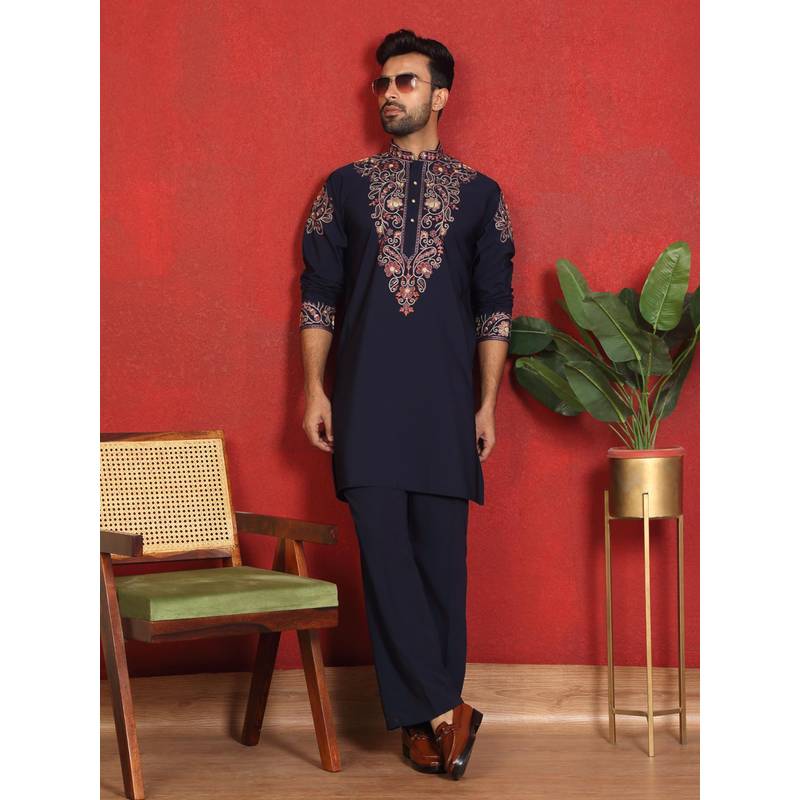 KRAFT INDIA LUXE Japanese Fabric Embroidered Paisley Navy Blue Kurta with Trouser (38)