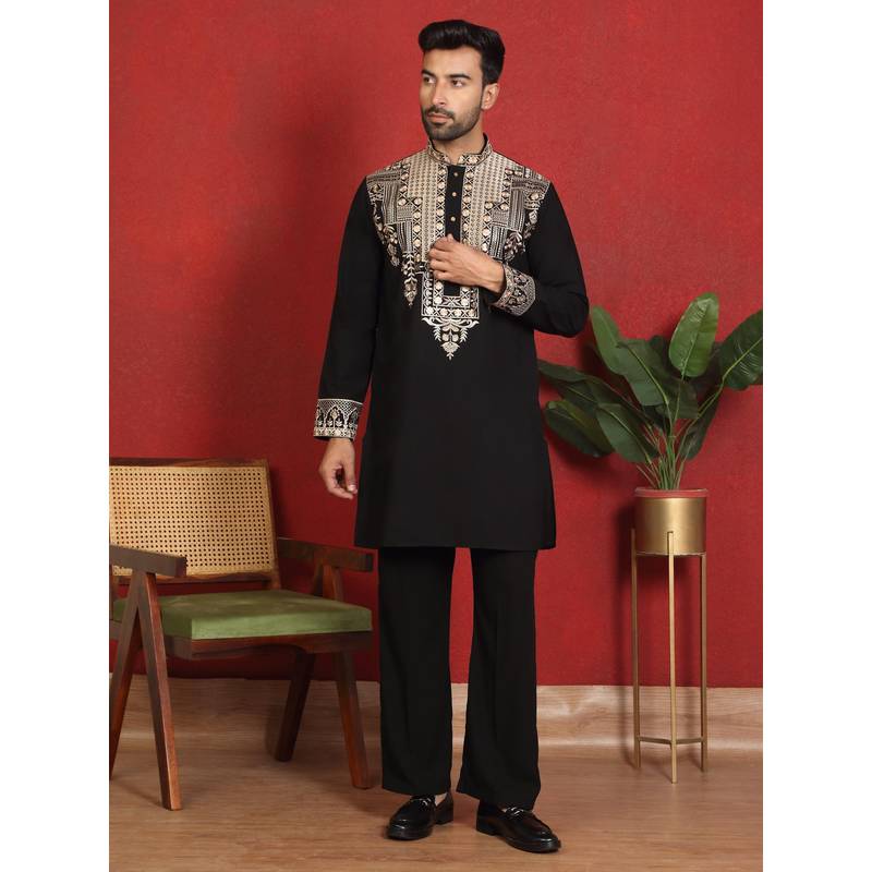 KRAFT INDIA LUXE Japanese Fabric Yoke Design Embroidered Black Kurta with Trouser (36)
