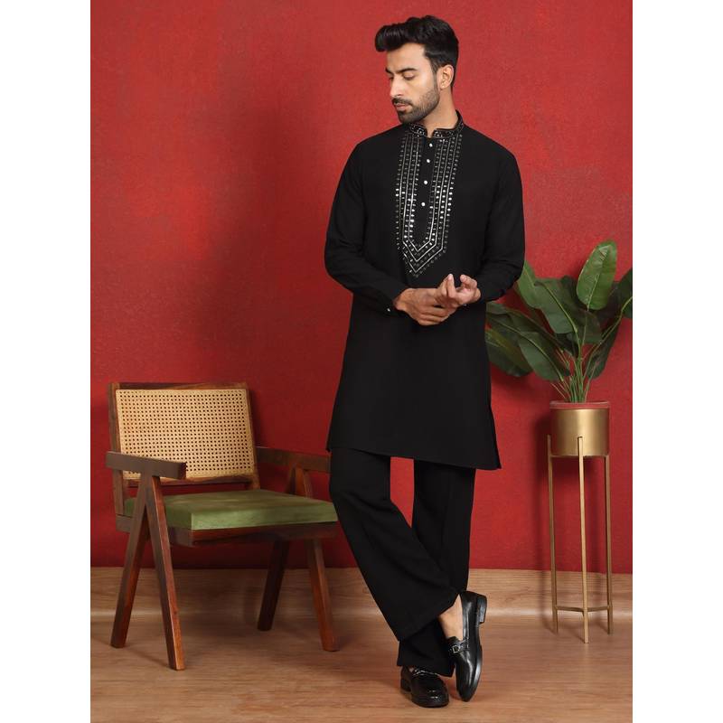 KRAFT INDIA LUXE Japanese Fabric Yoke Design Black Kurta with Bell Bottom Pant (38)