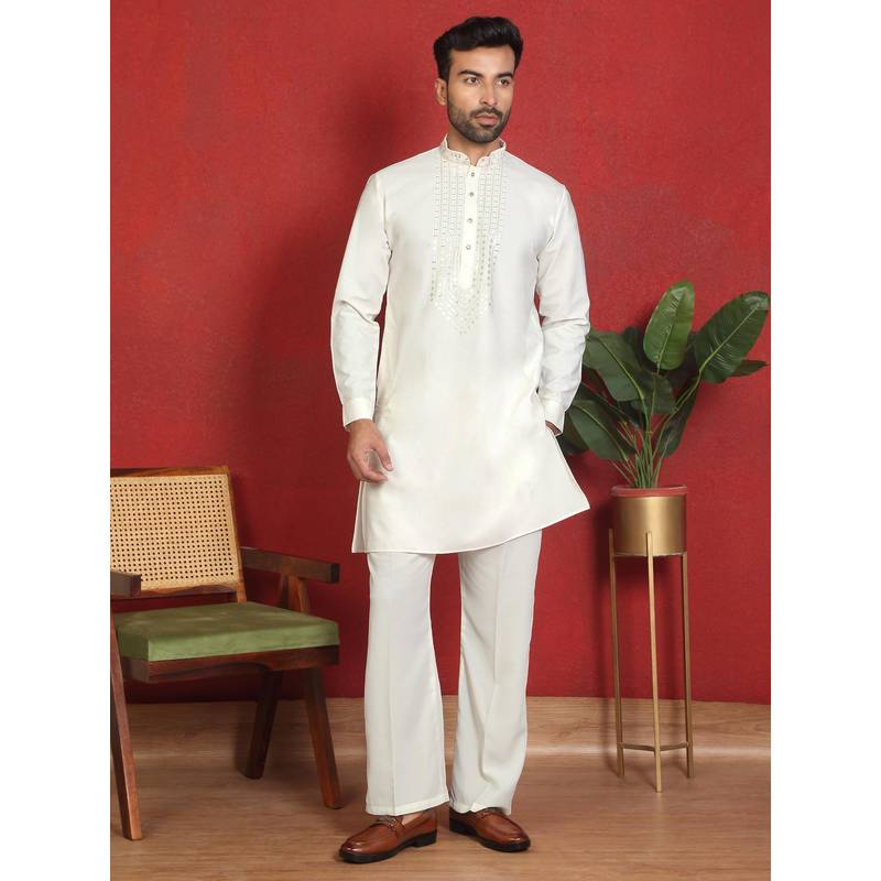 KRAFT INDIA LUXE Japanese Fabric Yoke Design Cream Kurta with Bell Bottom Pant (36)