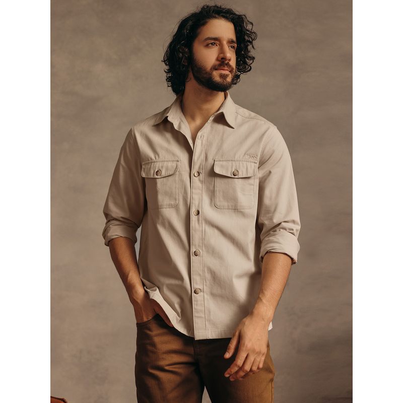 Andamen Men Beige Pocket Detail Cotton Regular Fit Overshirt (S)