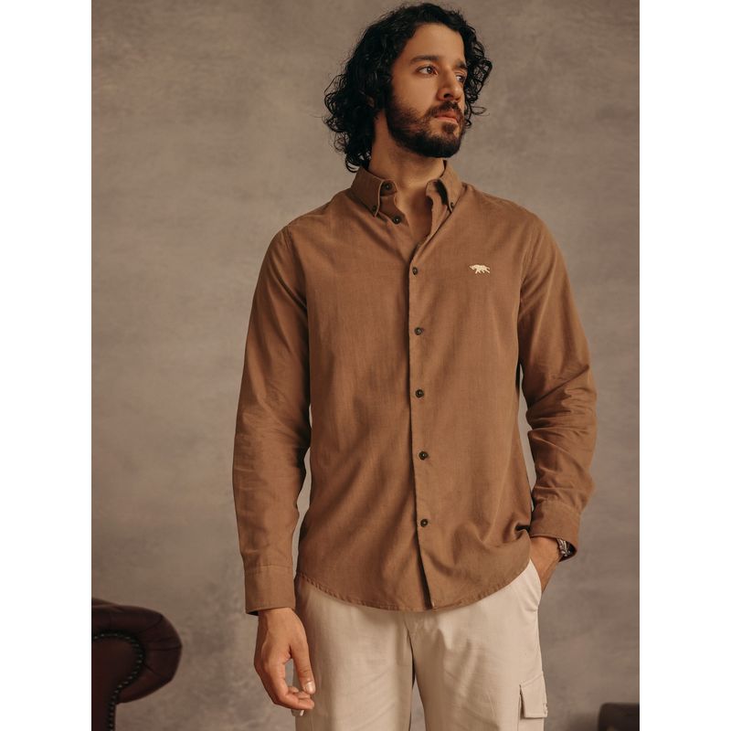 Andamen Brown Men Corduroy Cotton Blend Slim Fit Shirt (S)
