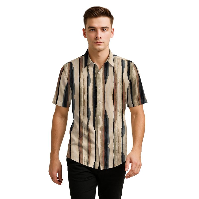 BULLMER Trendy Regular Fit Cotton Blend Stripes Half Sleeve Black Shirt (S)