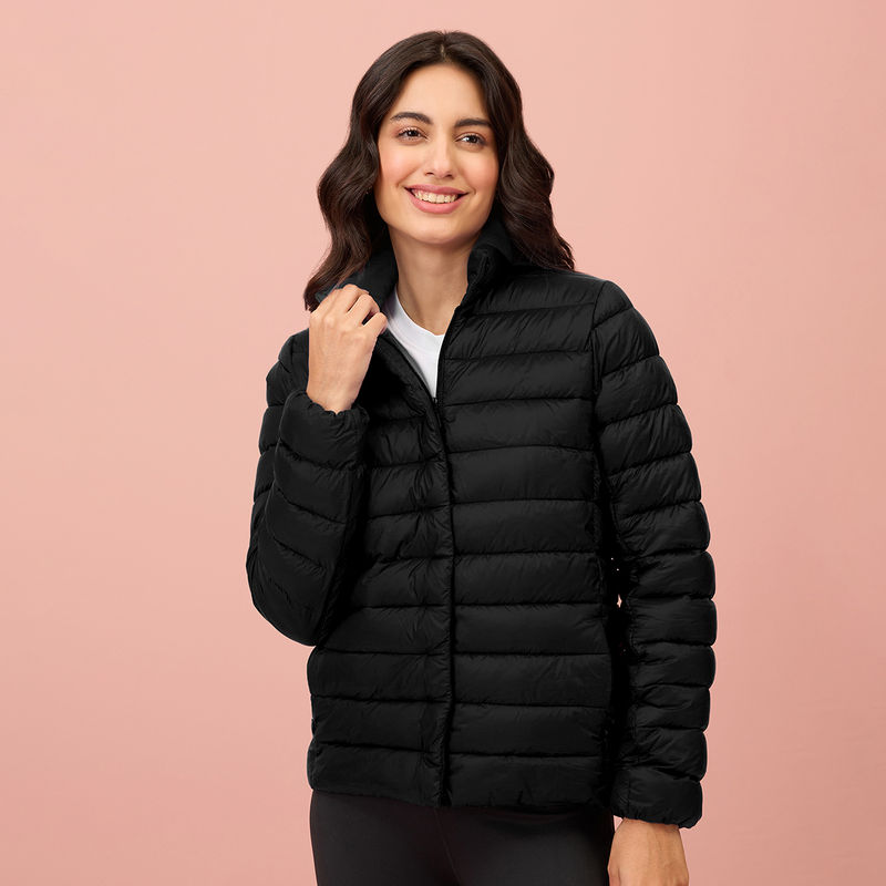 NYKD By Nykaa Ultra Light Weight Puffer Jacket with Inbuilt Bag (Set of 2)-NYAT405-Black (S)