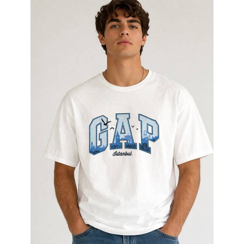 GAP Men White Logo Print Round Neck Half Sleeve T-Shirt (L)