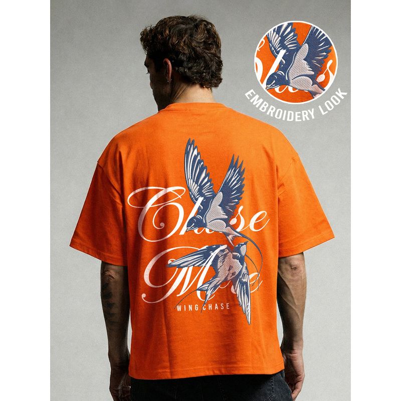 PRONK Orange Chase More Embroidered Printed Men Oversized T-Shirt (XL)