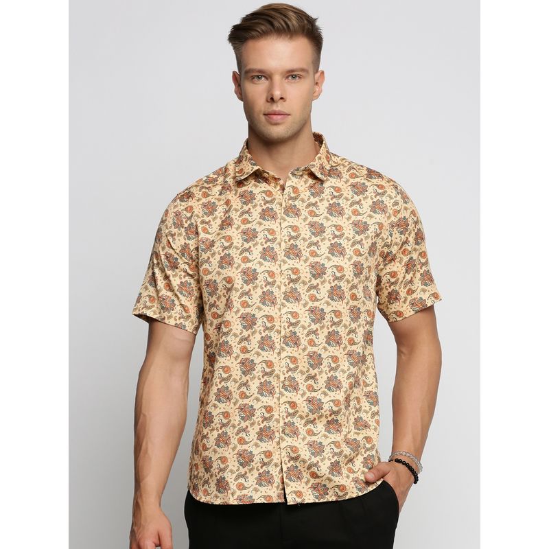 SHOWOFF Men's Short Sleeves Spread Collar Ethnic Motifs Cream Slim Fit Shirt (S)