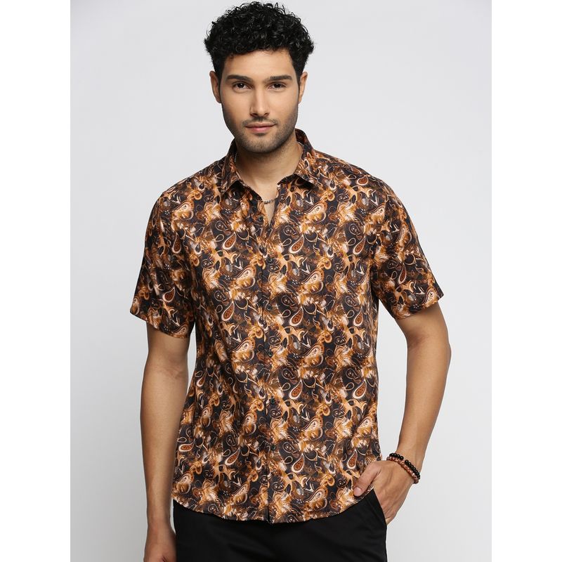 SHOWOFF Men's Short Sleeves Spread Collar Ethnic Motifs Brown Slim Fit Shirt (S)