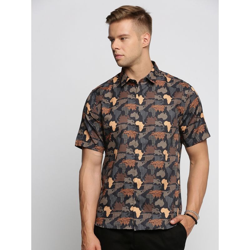 SHOWOFF Men's Short Sleeves Spread Collar Printed Black Slim Fit Shirt (S)