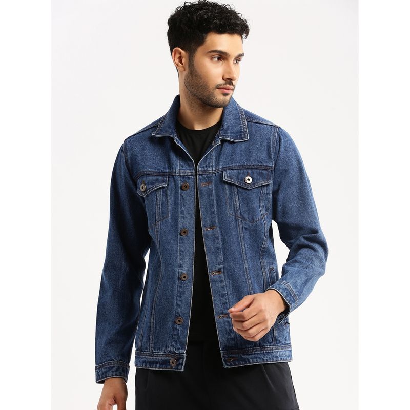 SHOWOFF Men's Spread Collar Long Sleeves Navy Blue Solid Denim Jacket (L)