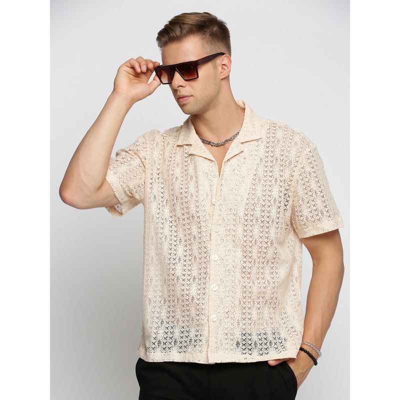 SHOWOFF Men's Short Sleeves Cuban Collar Self Design Cream Regular Fit Crochet Shirt (L)