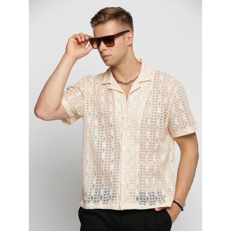 SHOWOFF Men's Short Sleeves Cuban Collar Self Design Cream Regular Fit Crochet Shirt (XL)