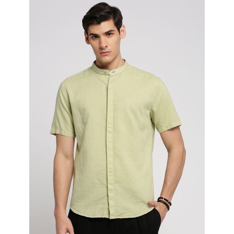 SHOWOFF Men's Short Sleeves Mandarin Collar Solid Sea Green Slim Fit Shirt (3XL)