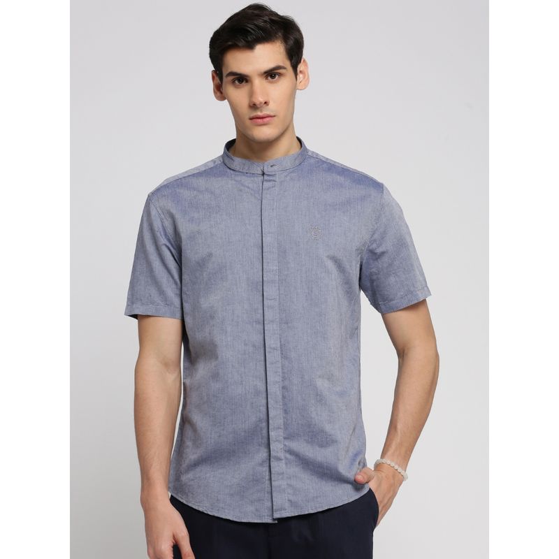 SHOWOFF Men's Short Sleeves Mandarin Collar Solid Grey Slim Fit Shirt (3XL)