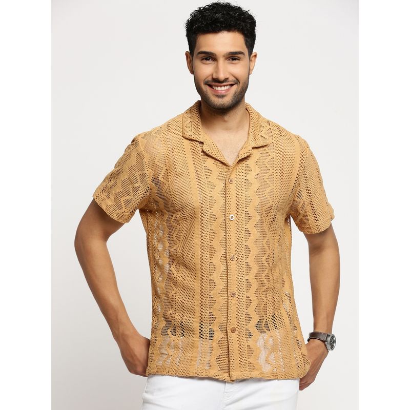 SHOWOFF Men's Short Sleeves Cuban Collar Self Design Beige Slim Fit Crochet Shirt (2XL)