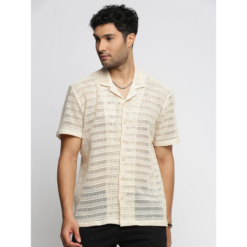 SHOWOFF Men's Short Sleeves Cuban Collar Solid Cream Regular Fit Crochet Shirt (XL)