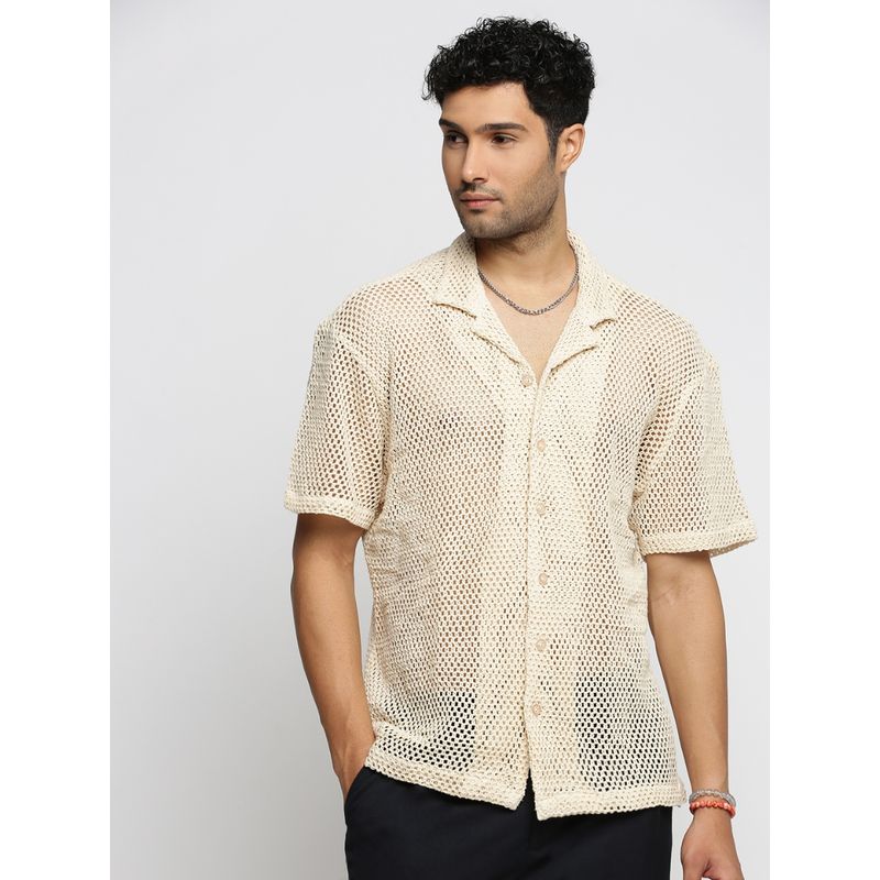 SHOWOFF Men's Short Sleeves Cuban Collar Self Design Cream Regular Fit Crochet Shirt (XL)