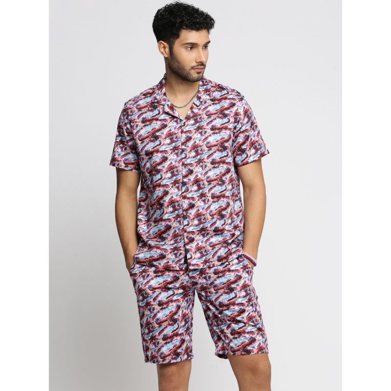 SHOWOFF Men's Short Sleeves Printed Collar Over Sized Maroon Shirt with Shorts (Set of 2) (S)