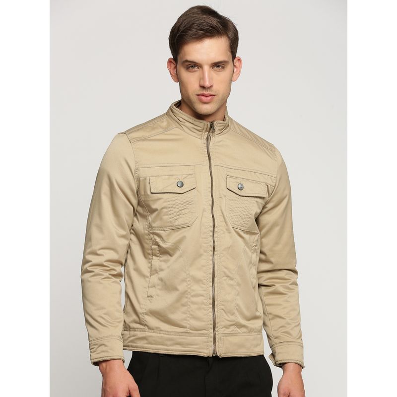 SHOWOFF Men's Mock Collar Long Sleeves Beige Solid Tailored Jacket (2XL)