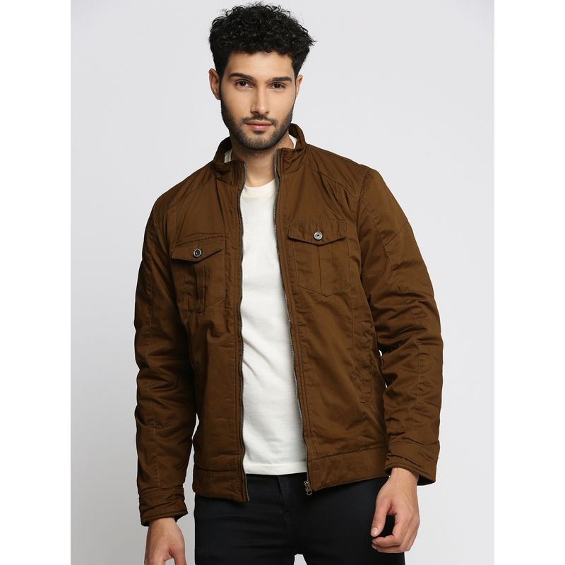 SHOWOFF Men's Mock Collar Long Sleeves Brown Solid Tailored Jacket (L)