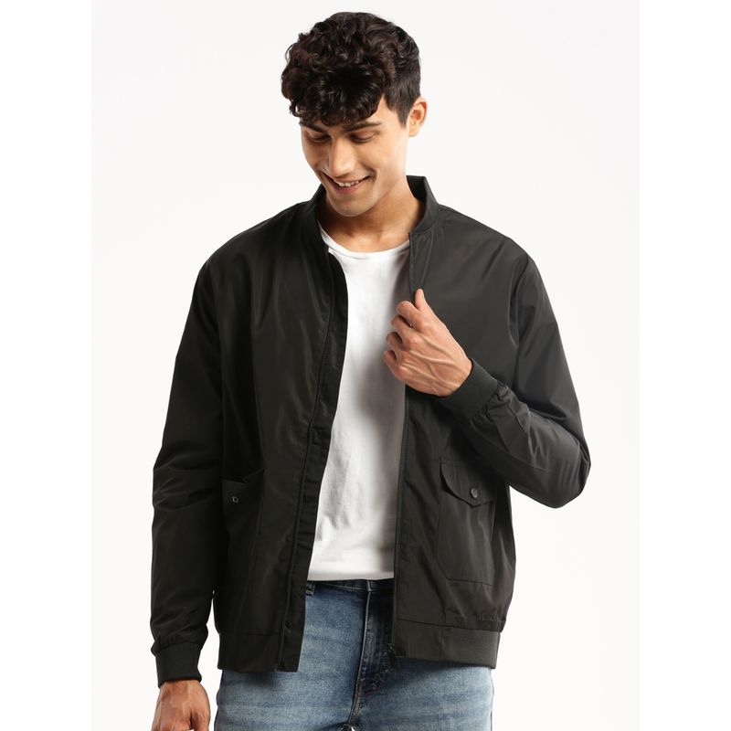 SHOWOFF Men's High Neck Long Sleeves Black Solid Bomber Jacket (XL)
