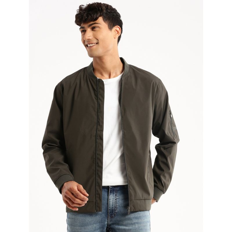 SHOWOFF Men's High Neck Long Sleeves Olive Solid Bomber Jacket (XL)