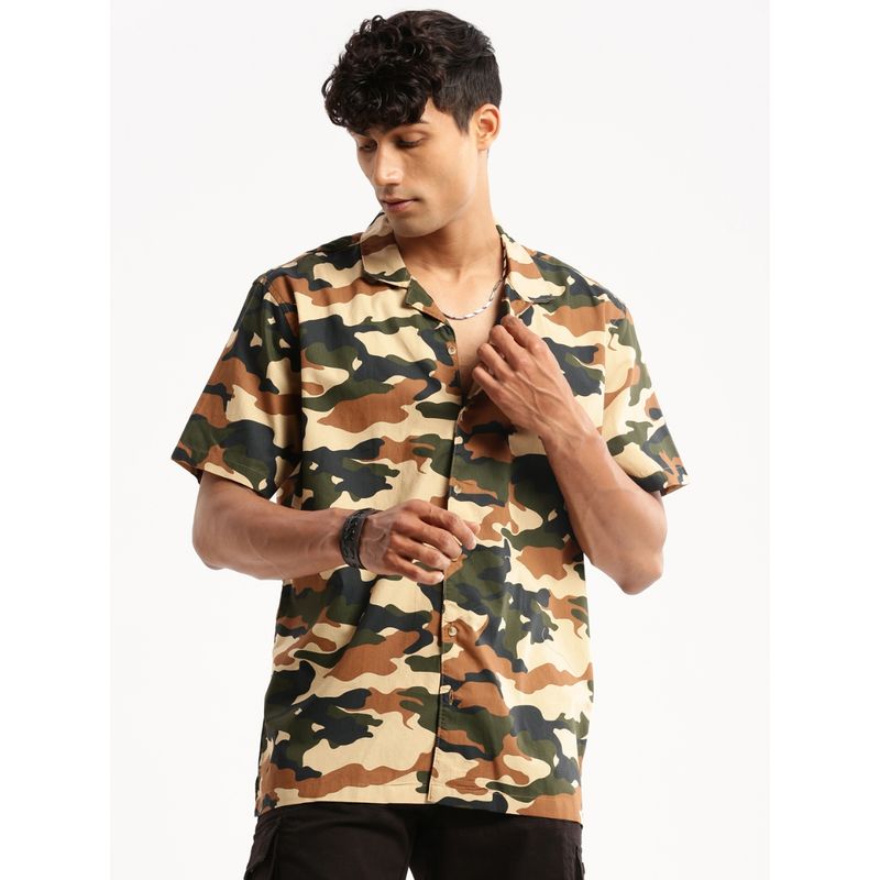 SHOWOFF Men's Short Sleeves Cuban Collar Camouflage Olive Regular Fit Shirt (M)