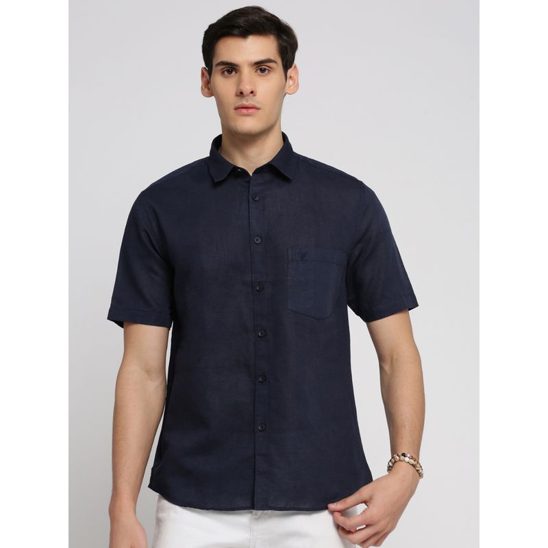 SHOWOFF Men's Short Sleeves Spread Collar Solid Navy Blue Slim Fit Shirt (M)