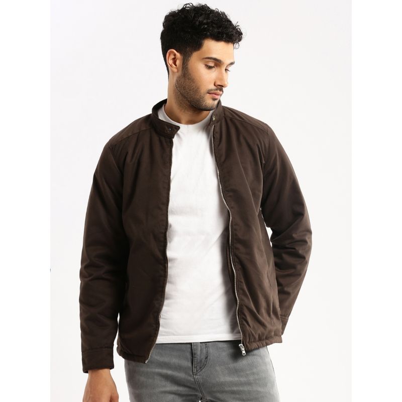 SHOWOFF Men's Mock Collar Long Sleeves Brown Solid Tailored Jacket (XL)