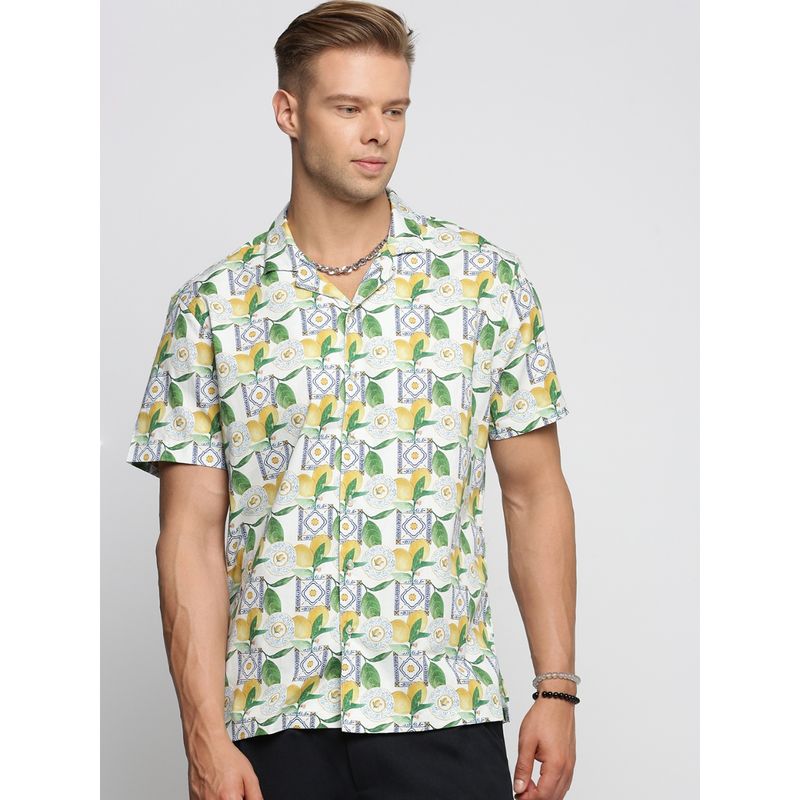 SHOWOFF Men's Short Sleeves Cuban Collar Graphic Green Regular Fit Shirt (S)