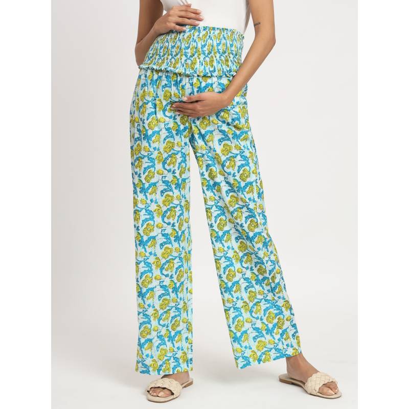 Angloindu Multi Color Floral Smocked Waist Maternity Pant (S) (S)