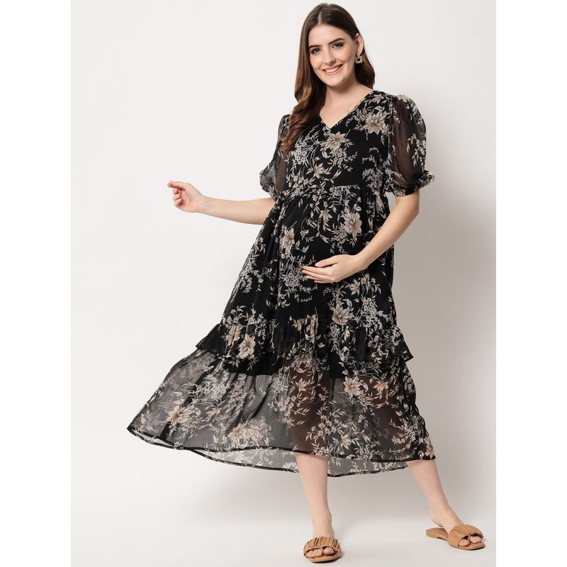 Angloindu Black Floral Midi Maternity Dress (L) (L)