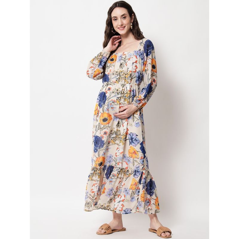 Angloindu Beige Floral Maxi Maternity Dress (XL) (XL)