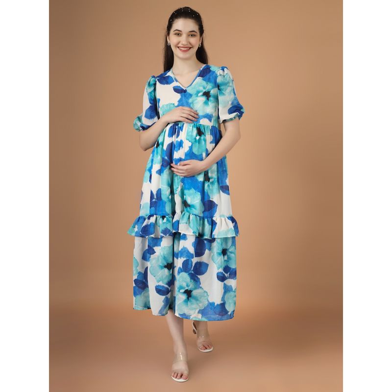 Angloindu Blue Floral Midi Maternity Dress (S) (S)