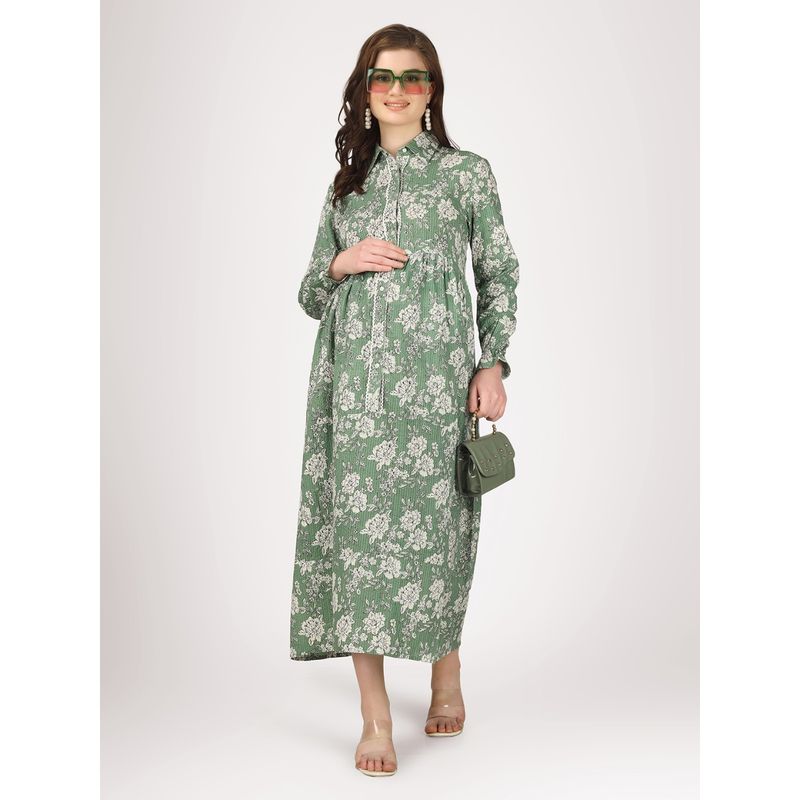 Angloindu Green Floral Printed Midi Maternity Dress (S) (S)