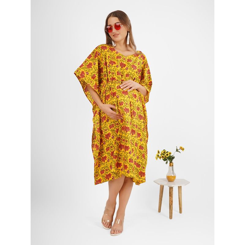 Angloindu Yellow Printed Maternity Kaftan Dress (S) (S)