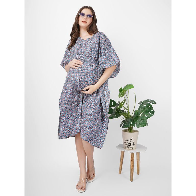 Angloindu Blue Printed Maternity Kaftan Dress (S) (S)