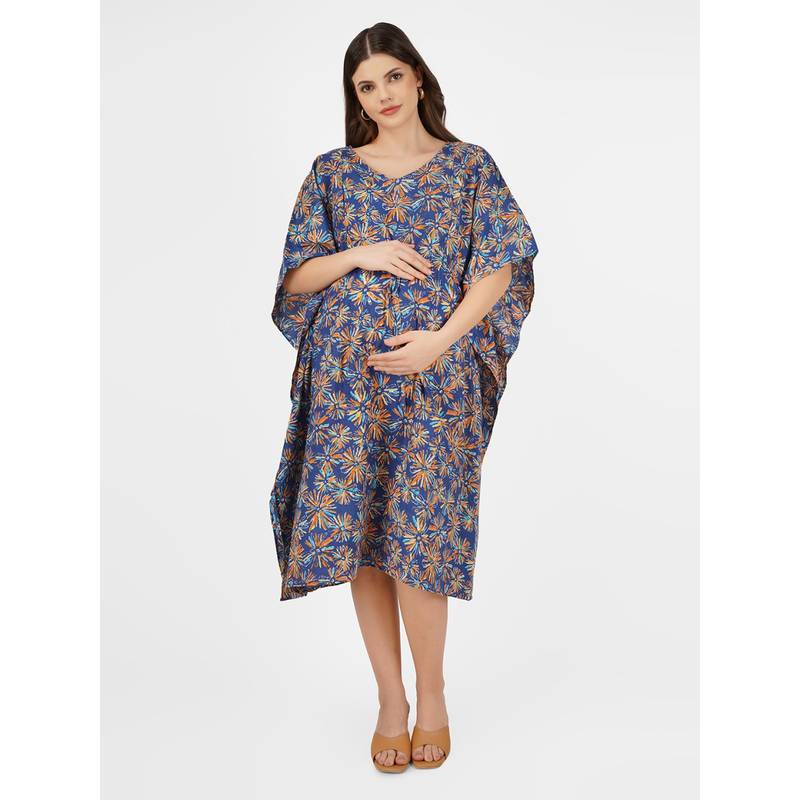 Angloindu Blue Printed Maternity Kaftan Dress (S) (S)