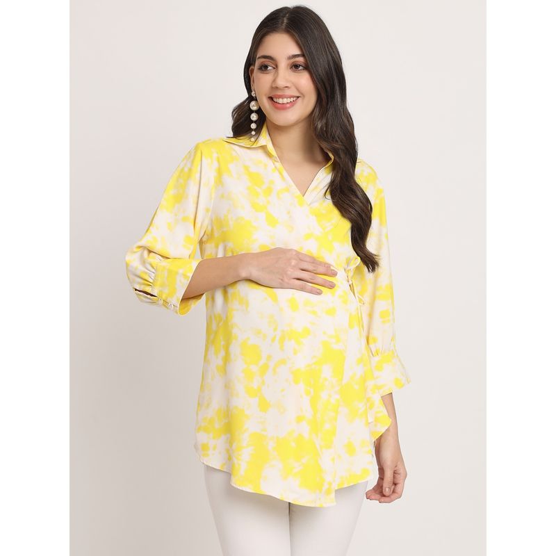 Angloindu Yellow Printed Maternity Wrap Top (XL) (XL)
