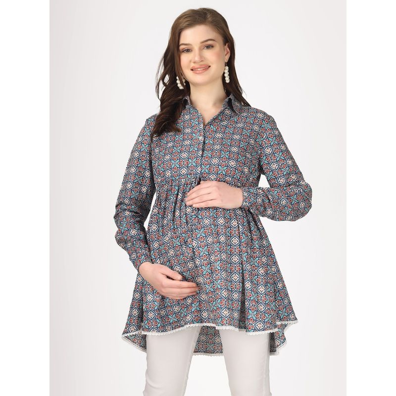 Angloindu Blue Tile Print Maternity Top (S) (S)