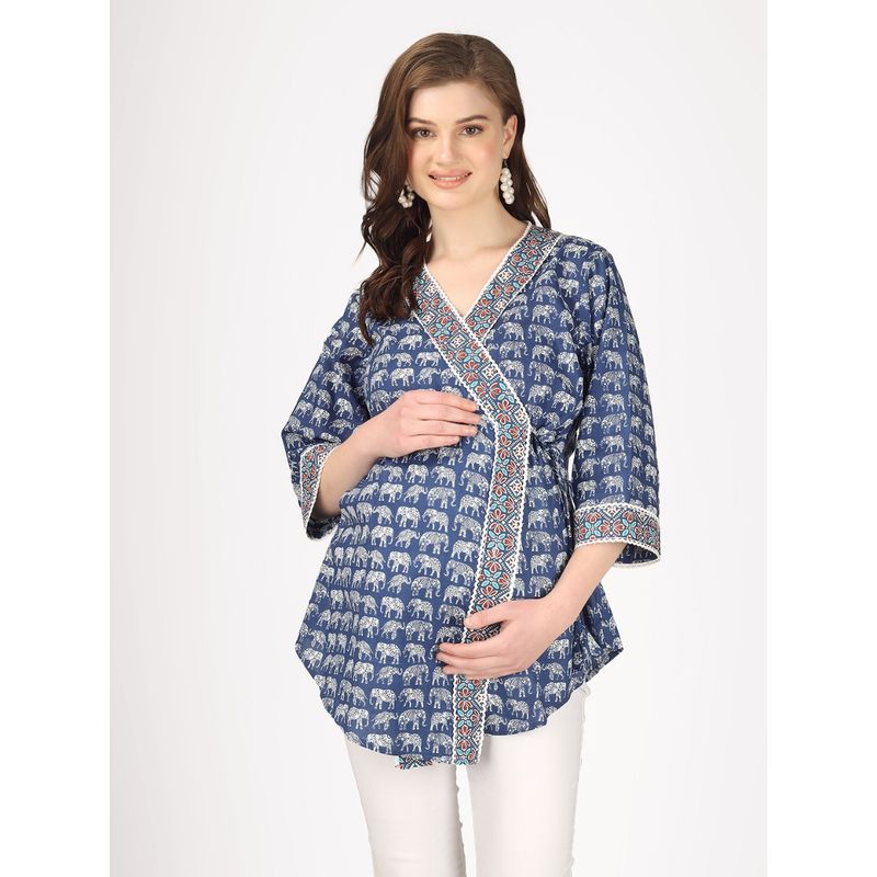 Angloindu Blue Ethnic Print Wrap Maternity Top (S) (S)