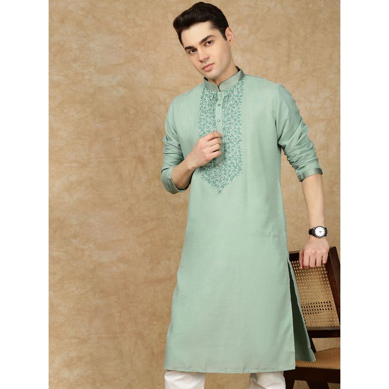 Sanwara Men's Green Festive Cotton Embroidered Kurta (L)