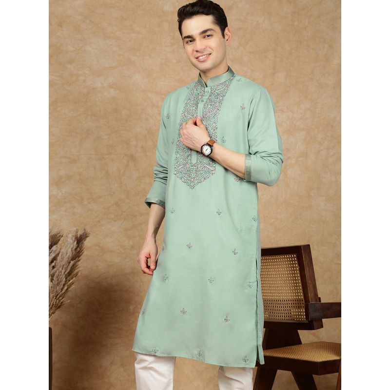 Sanwara Men's Green Festive Cotton Embroidered Kurta (S)