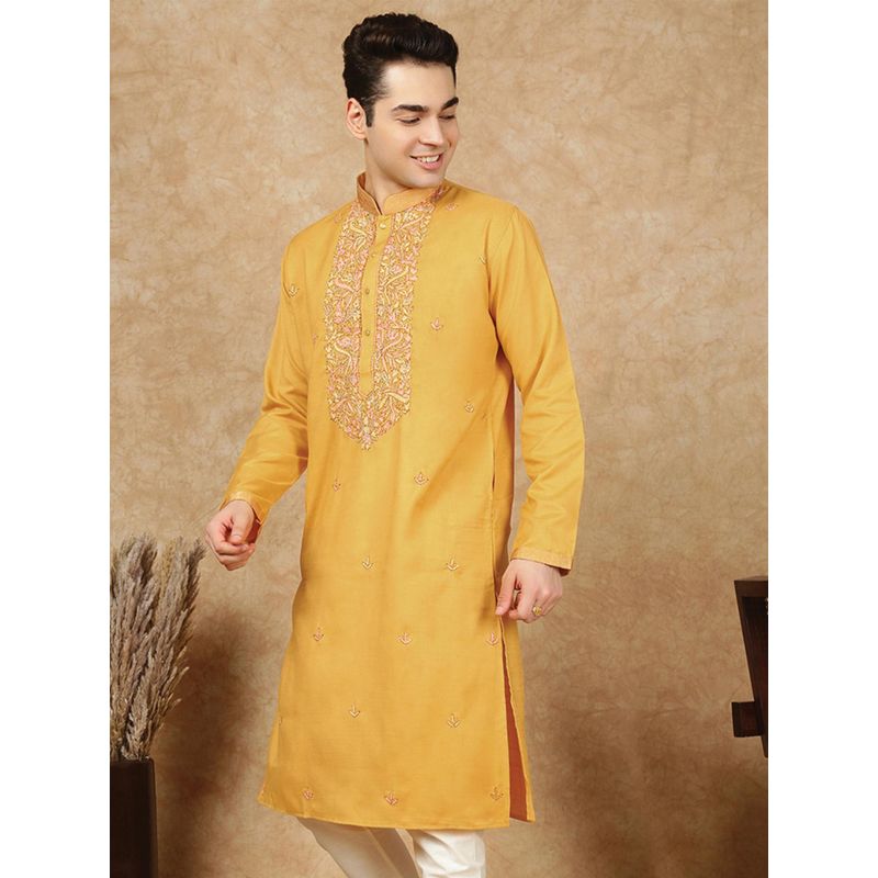 Sanwara Men's Mustard Festive Cotton Embroidered Kurta (S)