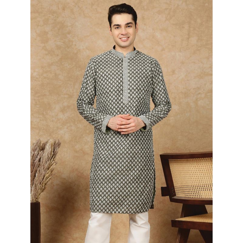 Sanwara Men's Green Festive Silk Embroidered Kurta (S)