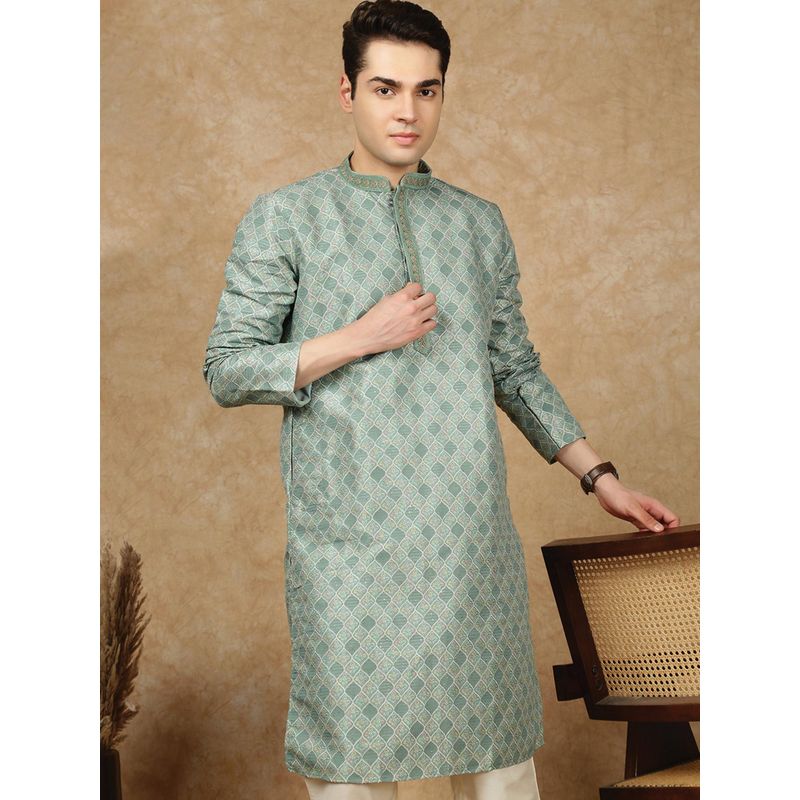 Sanwara Men's Green Festive Jacquard Floral Kurta (S)