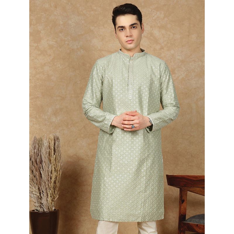 Sanwara Men's Green Festive Silk Blend Embroidered Kurta (M)
