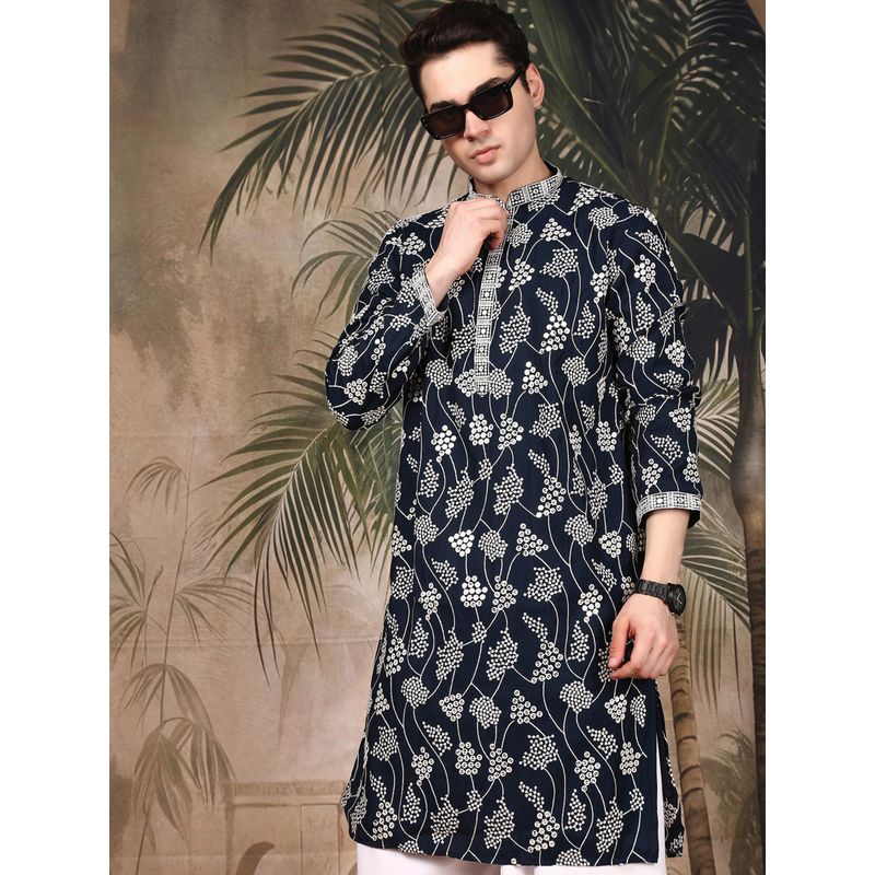 Sanwara Men's Navy Blue Festive Silk Embroidered Kurta (M)