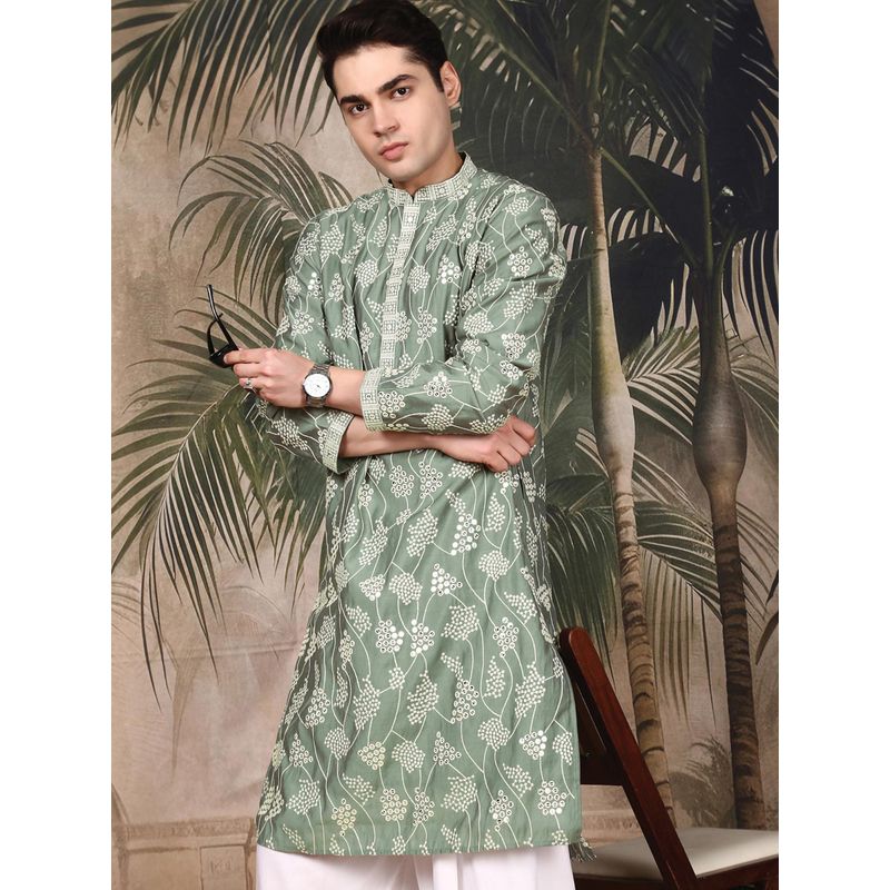 Sanwara Men's Green Festive Silk Embroidered Kurta (M)
