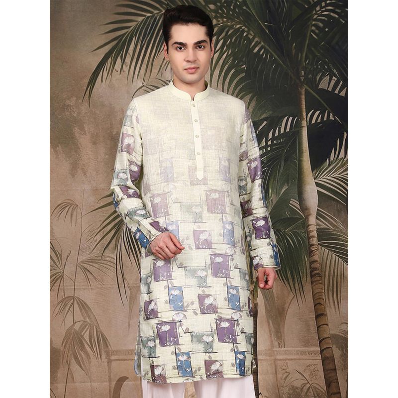 Sanwara Men's Beige Festive Cotton Floral Kurta (M)